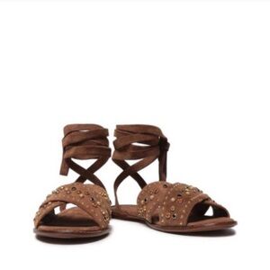 Maje Brown Studded Suede Wrap-Ankle Sandals